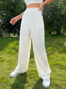SHEIN EZwear 素色闊腿褲 - 白色 - 查看 3