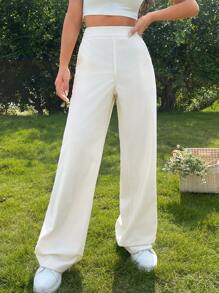 SHEIN EZwear 素色闊腿褲 - 白色 - 查看 4