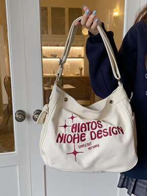 Letter Detail Tote Bag, Y2K Large Capacity Shoulder Bag, Women's Stylish Hobo Bag For Work & Shopping Embroidered Letter Hobo Bag Medium Canvas