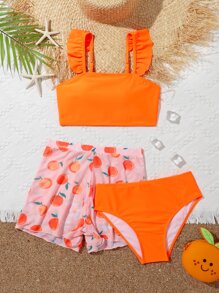 Tween Girl 3 件装水果印花荷叶边比基尼套装 含沙滩短裤 夏季海滩 - 彩色 - 查看 1