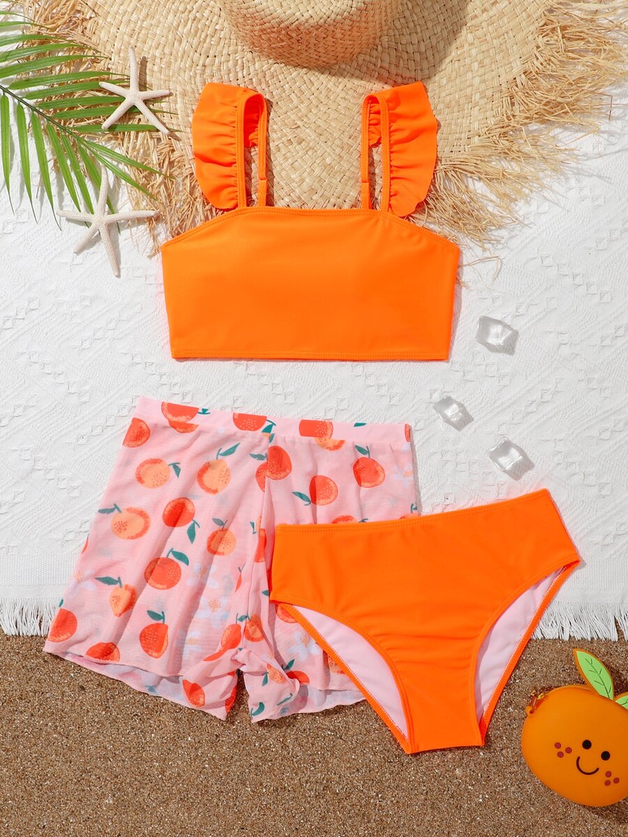 Tween Girl 3 件装水果印花荷叶边比基尼套装 含沙滩短裤 夏季海滩 - 彩色 - 查看 1
