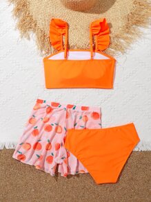 Tween Girl 3 件装水果印花荷叶边比基尼套装 含沙滩短裤 夏季海滩 - 彩色 - 查看 2