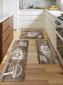 1pc Wood Grain & Slogan Graphic Kitchen Rug, Modern Polyester Kitchen Mat For Kitchen - Brown - View 1
