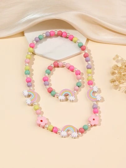 2pcs/Set Children's Wooden Bead Jewelry Set, Including One Rainbow-Colored Macaroon And One Colorful Beaded Necklace, Bracelet Or Necklace Could Be Diyed With These Beads.