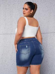 SHEIN SXY Plus Drawstring Waist Ripped Raw Cut Denim Shorts - Dark Wash - View 2
