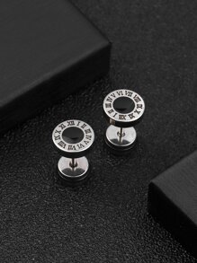Men Roman Numerals Detail Round Stud Earrings Stainless Steel Punk Hip Pop Style - Multicolor - View 1