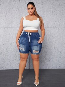 SHEIN SXY Plus Drawstring Waist Ripped Raw Cut Denim Shorts - Dark Wash - View 3
