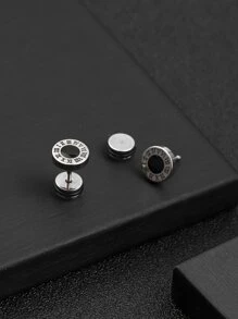 Men Roman Numerals Detail Round Stud Earrings Stainless Steel Punk Hip Pop Style - Multicolor - View 2