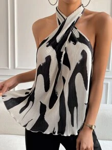 SHEIN Privé Graphic Print Crisscross Halter Top - Multicolor - View 1