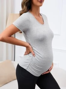 SHEIN 孕婦素色側收褶T恤 - 淺灰色 - 查看 1