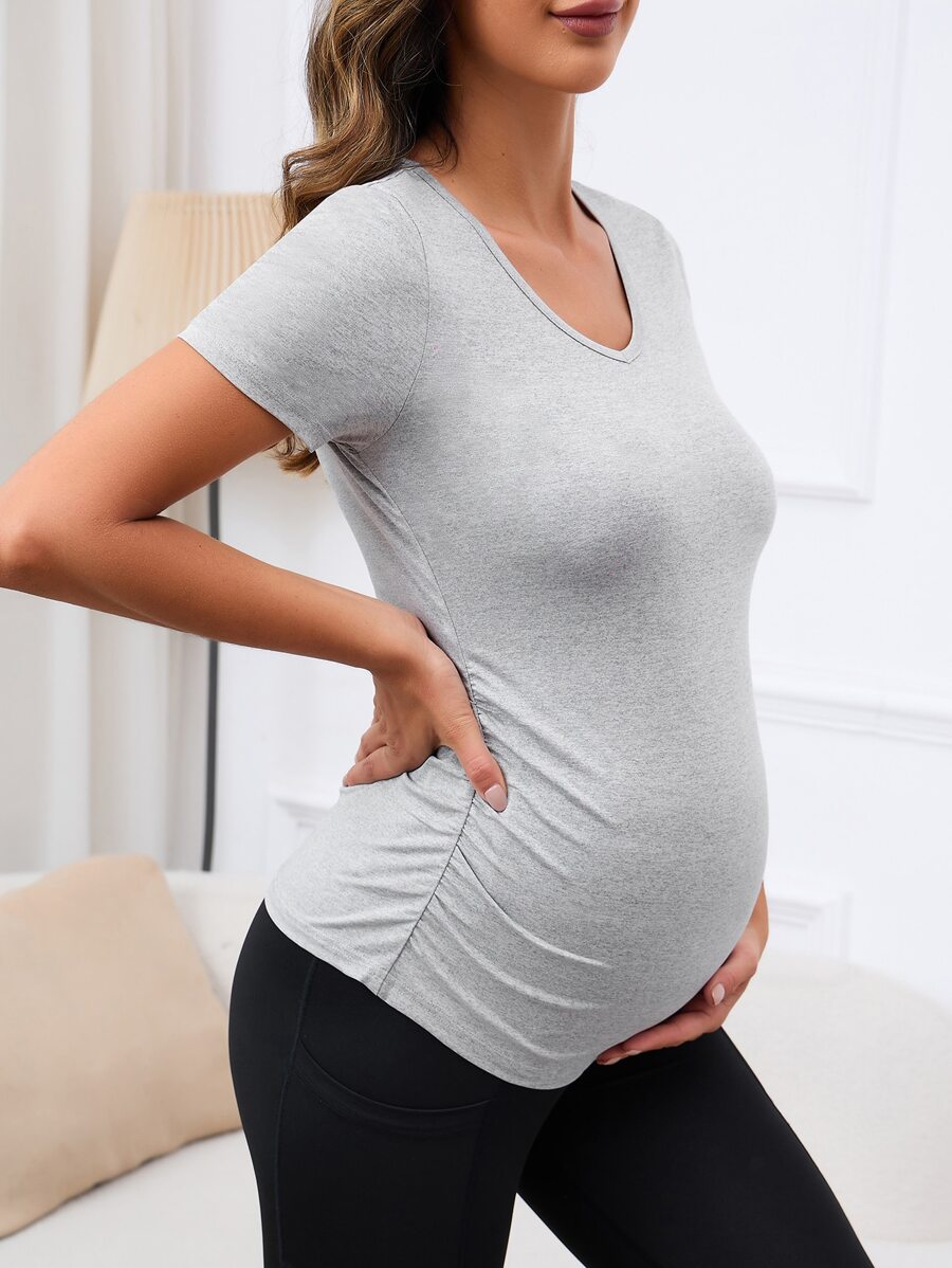 SHEIN 孕婦素色側收褶T恤 - 淺灰色 - 查看 1