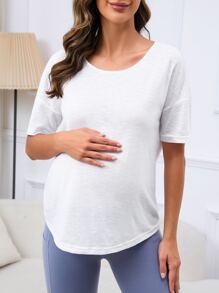 SHEIN 孕婦素色落肩T恤 - 白色 - 查看 2