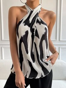 SHEIN Privé Graphic Print Crisscross Halter Top - Multicolor - View 4