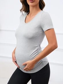SHEIN 孕婦素色側收褶T恤 - 淺灰色 - 查看 2