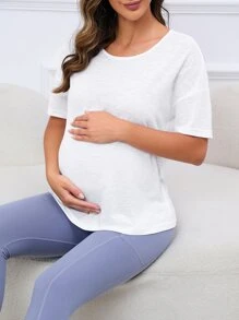SHEIN 孕婦素色落肩T恤 - 白色 - 查看 1
