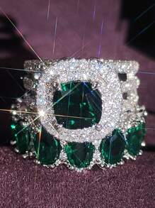 MOONSO 2入組/套方晶鋯石裝飾戒指適合女士適合派對宴會婚禮 - 綠色 - 查看 2