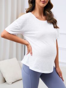 SHEIN 孕婦素色落肩T恤 - 白色 - 查看 4