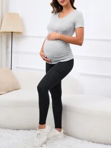 SHEIN 孕婦素色側收褶T恤 - 淺灰色 - 查看 5