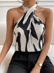 SHEIN Privé Graphic Print Crisscross Halter Top - Multicolor - View 5