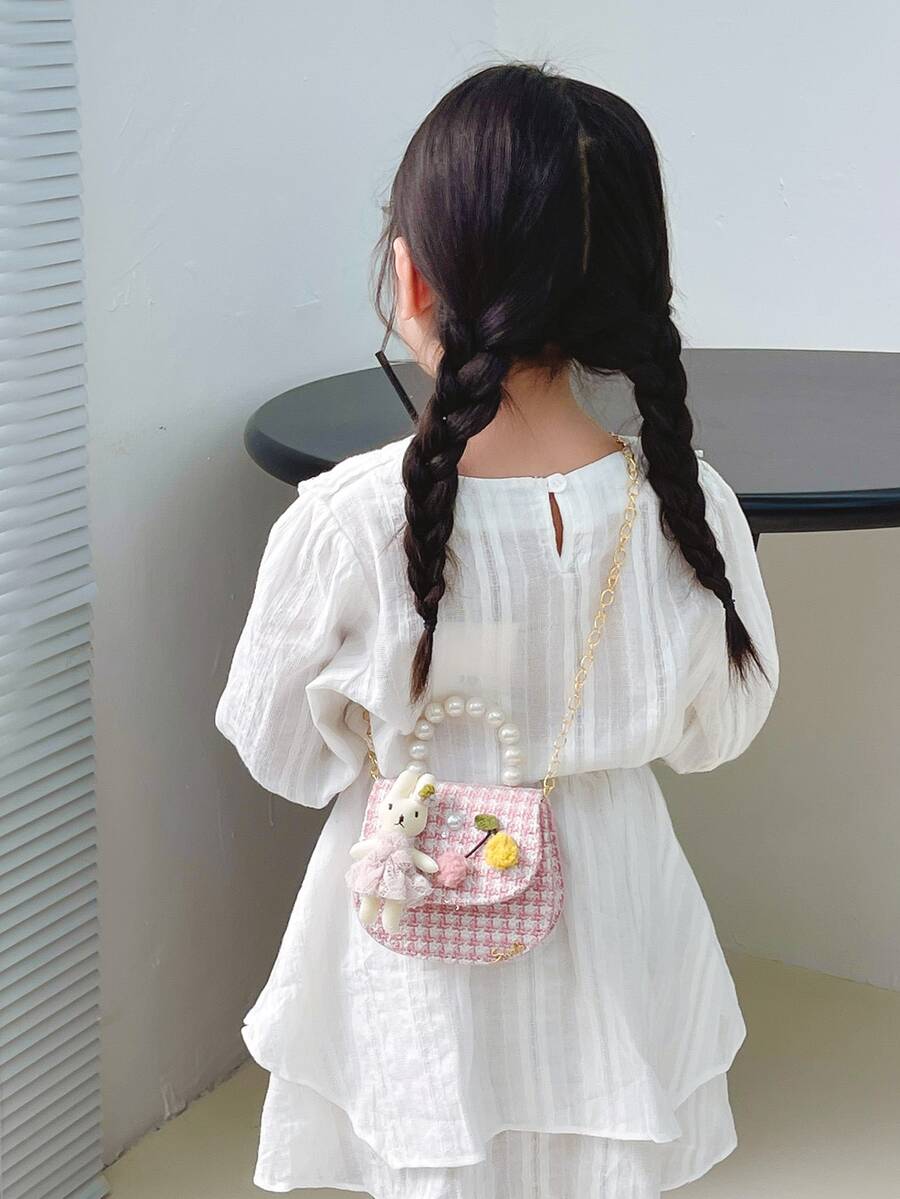 Girls Plaid Flap Saddle Bag Cartoon & Pearl Decor - Multicolor - View 1