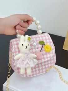 Girls Plaid Flap Saddle Bag Cartoon & Pearl Decor - Multicolor - View 2