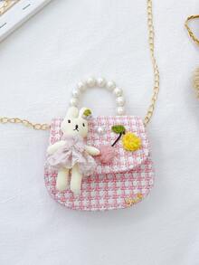 Girls Plaid Flap Saddle Bag Cartoon & Pearl Decor - Multicolor - View 5