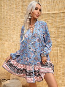 SHEIN LUNE Vestido smock con estampado floral de manga farol bajo con fruncido - Multicolor - Ver 1