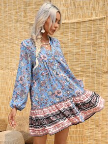 SHEIN LUNE Vestido smock con estampado floral de manga farol bajo con fruncido - Multicolor - Ver 4