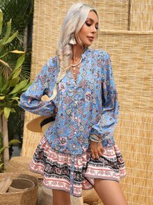 SHEIN LUNE Vestido smock con estampado floral de manga farol bajo con fruncido - Multicolor - Ver 5