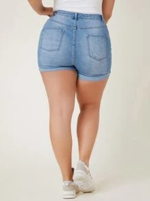 EMERY ROSE Plus High Waist Roll Up Hem Denim Shorts - Light Wash - View 2