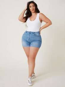 EMERY ROSE Plus High Waist Roll Up Hem Denim Shorts - Light Wash - View 6