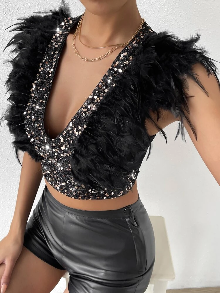 Fuzzy Trim Crop Sequin Top
