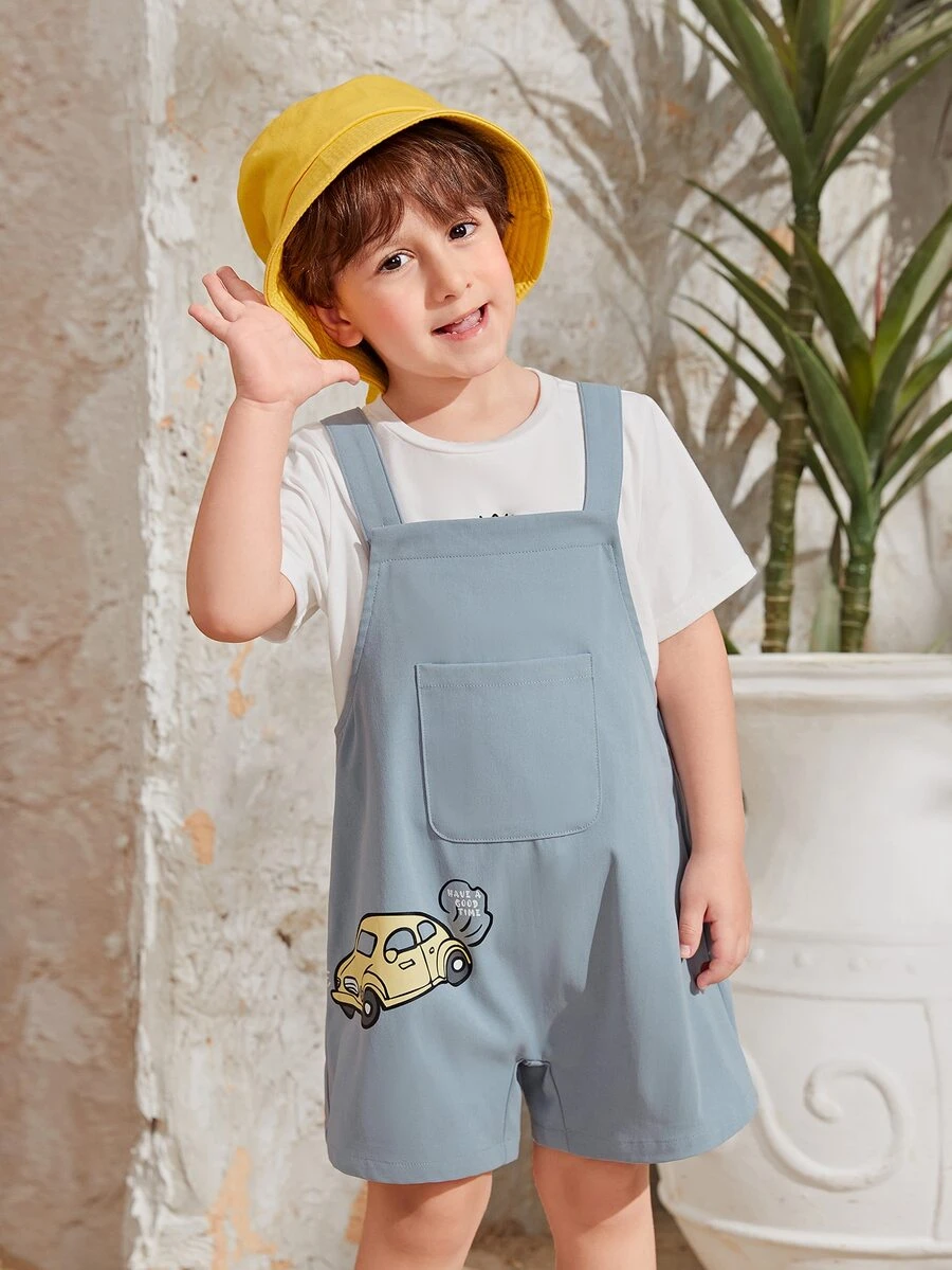 SHEIN Toddler Boys Cartoon Graphic Overall Romper Without Tee - Baby Blue - View 1