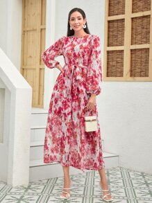 Modelyn Đầm Thắt lưng Dây kéo Hoa Tất cả trên in Boho - Nhiều màu - Xem 1