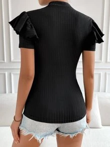 SHEIN Privé Áo thun nữ Xù Gân đan màu trơn Giải trí - màu đen - Xem 2