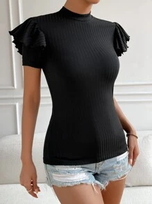 SHEIN Privé Áo thun nữ Xù Gân đan màu trơn Giải trí - màu đen - Xem 3
