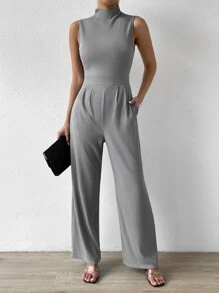 SHEIN Privé 小高領斜口袋拼接細節連身褲