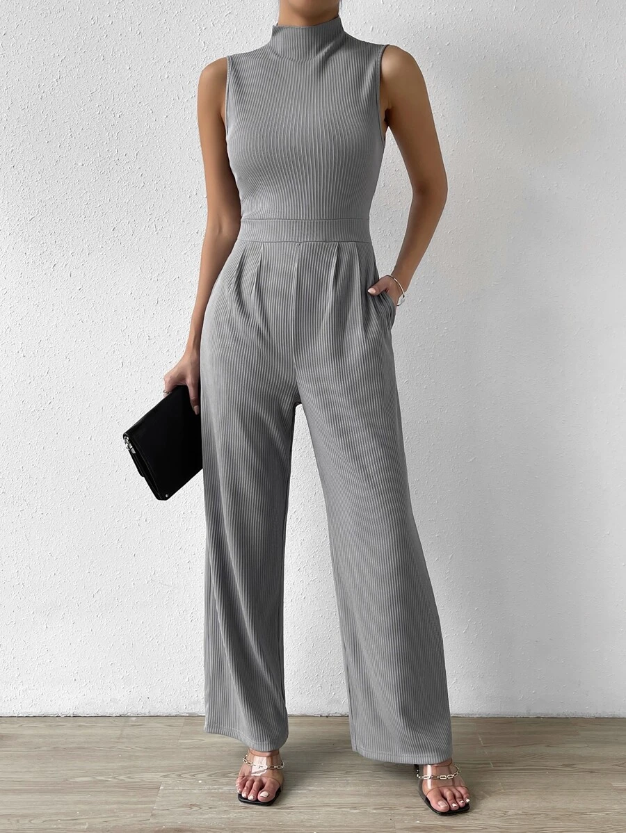 SHEIN Privé 小高領斜口袋拼接細節連身褲