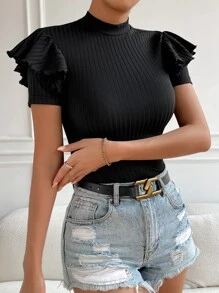 SHEIN Privé Áo thun nữ Xù Gân đan màu trơn Giải trí - màu đen - Xem 1