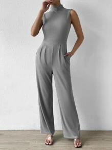 SHEIN Privé 小高領斜口袋拼接細節連身褲