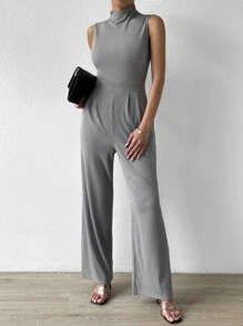 SHEIN Privé 小高領斜口袋拼接細節連身褲