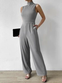 SHEIN Privé 小高領斜口袋拼接細節連身褲