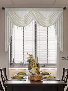 1pc Solid Color Window Curtain, European-Style Polyester Curtain With Beaded Edge Decoration, Suitable For Living Room, Bedroom, Doorway - White - View 1