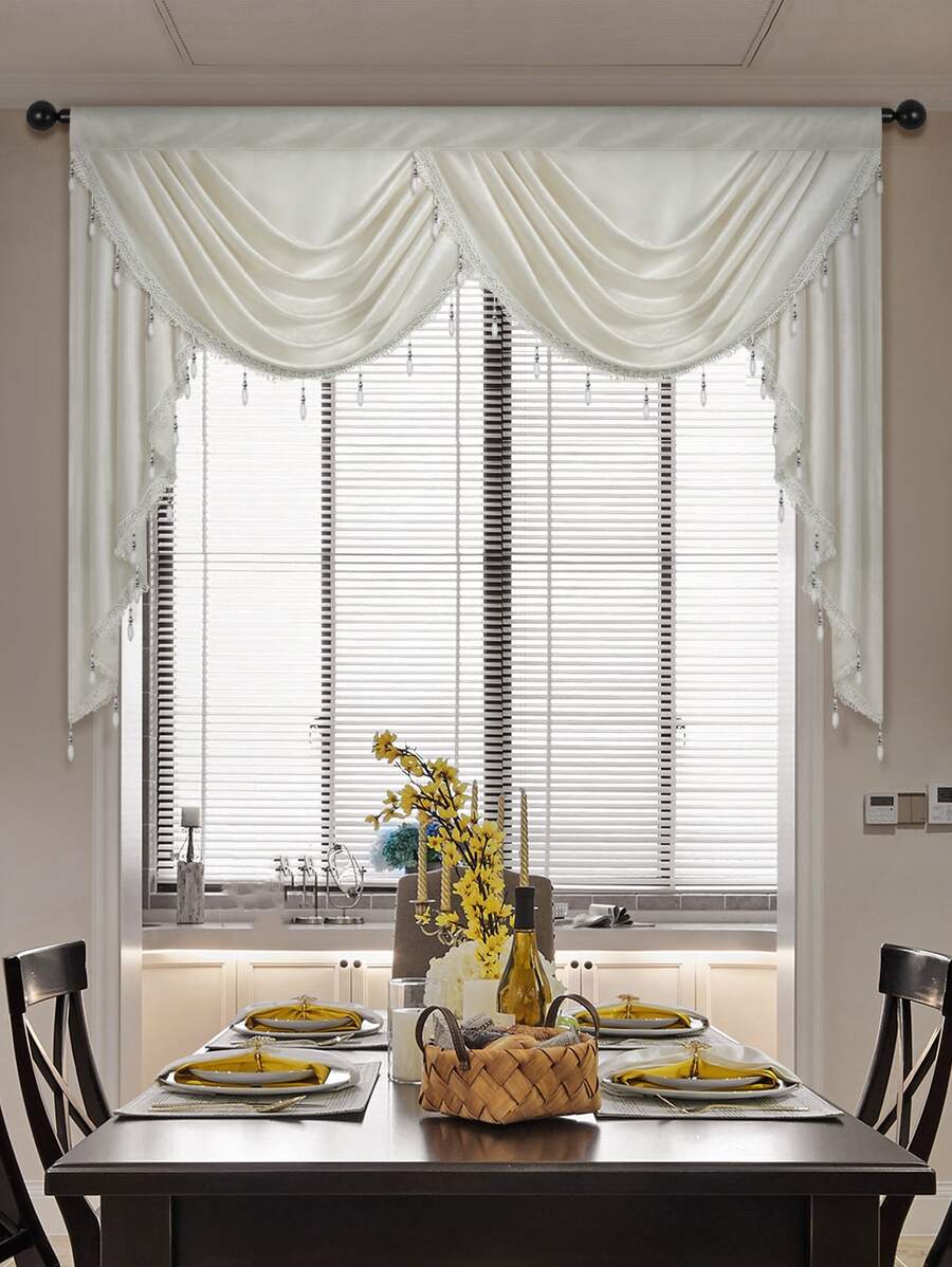 1pc Solid Color Window Curtain, European-Style Polyester Curtain With Beaded Edge Decoration, Suitable For Living Room, Bedroom, Doorway - White - View 1