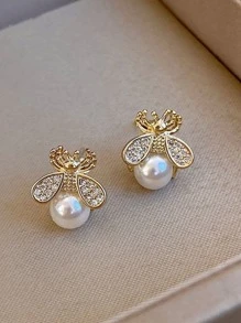 蜜蜂與人造珍珠裝飾的耳針 - 金黃色 - 查看 1