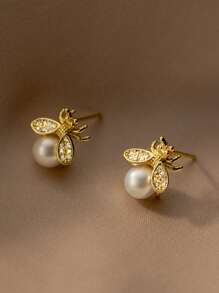 蜜蜂與人造珍珠裝飾的耳針 - 金黃色 - 查看 2