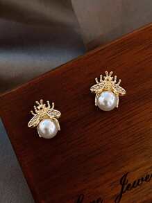 蜜蜂與人造珍珠裝飾的耳針 - 金黃色 - 查看 3