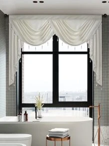 1pc Solid Color Window Curtain, European-Style Polyester Curtain With Beaded Edge Decoration, Suitable For Living Room, Bedroom, Doorway - White - View 5