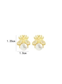 蜜蜂與人造珍珠裝飾的耳針 - 金黃色 - 查看 5