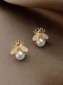 蜜蜂與人造珍珠裝飾的耳針 - 金黃色 - 查看 6